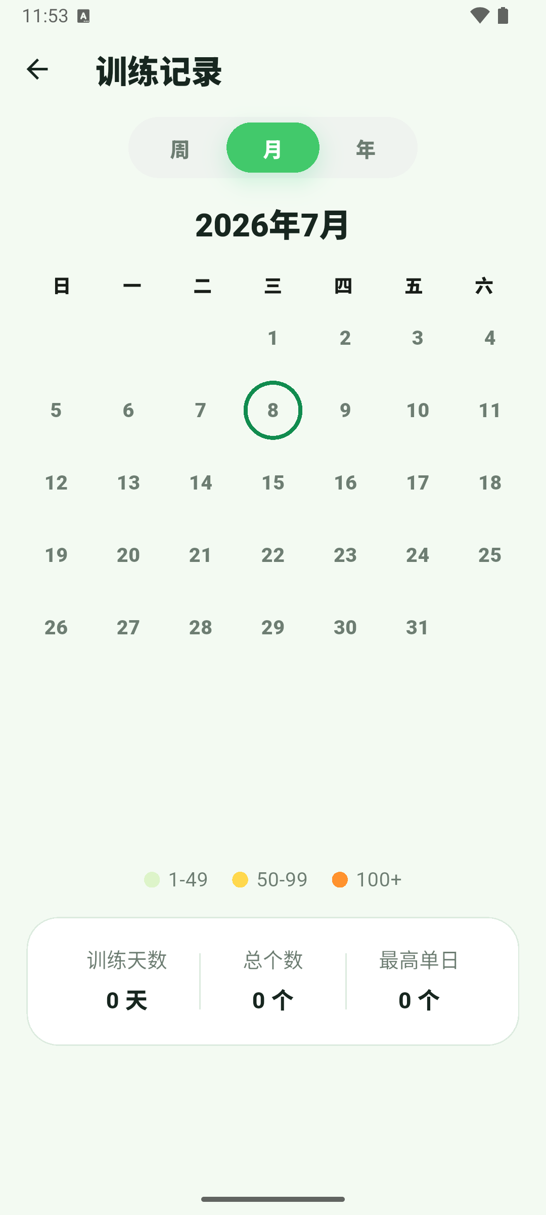 AI俯卧撑训练记录，显示周月年统计入口